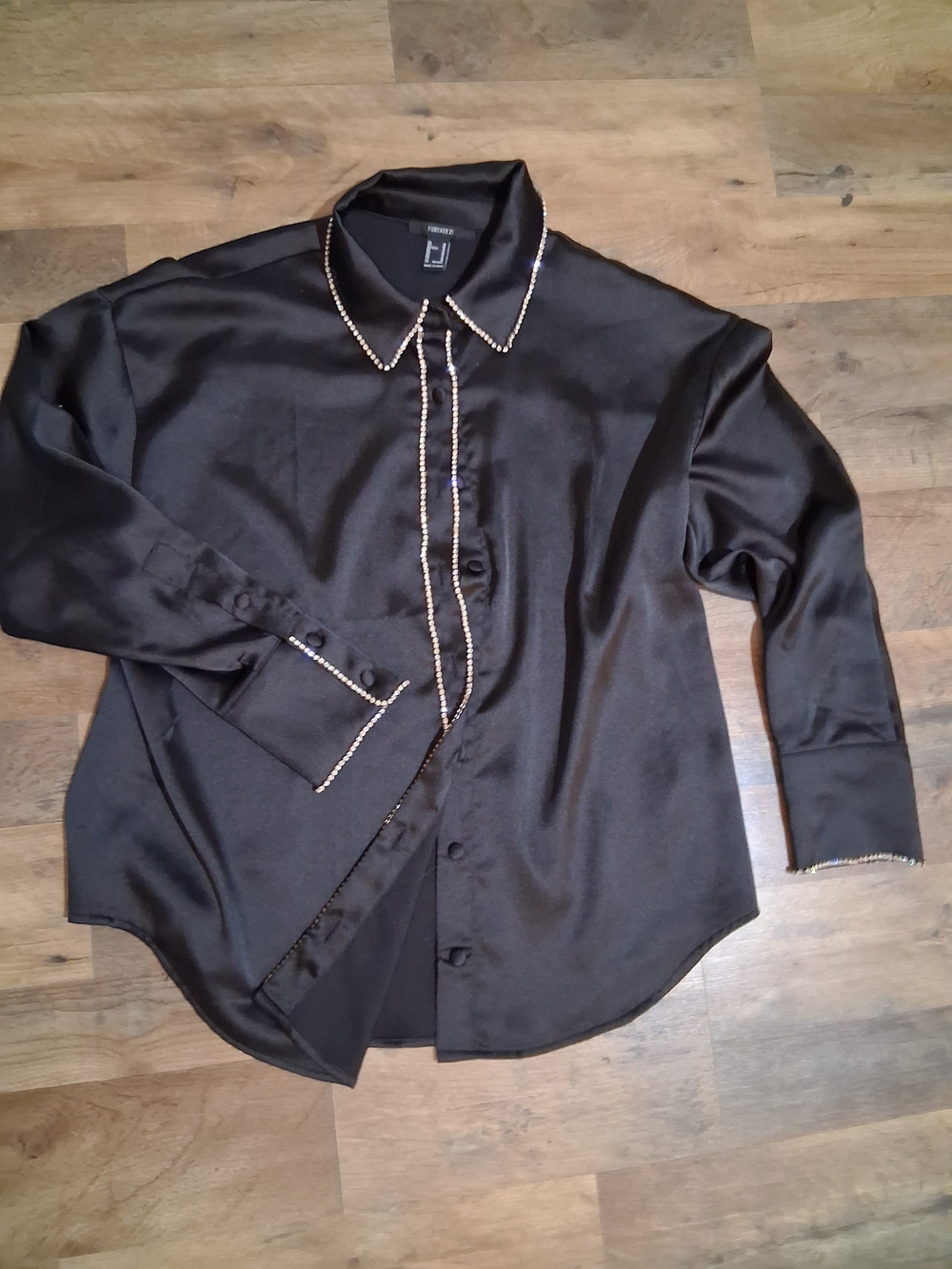 Forever 21 Black Satin Style Button-Up with Beaded Trim